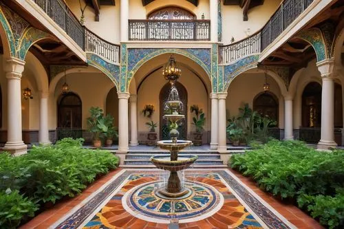 inside courtyard,courtyard,floor fountain,courtyards,patio,alcazar of seville,medinah,cloister,deruta,garden of the fountain,persian architecture,chhatra,alhambra,mamounia,atriums,atrium,old fountain,iranian architecture,hacienda,palace garden,Illustration,Realistic Fantasy,Realistic Fantasy 33