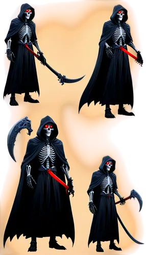 Free Grim Reaper, skeletal figure, black hooded cloak, scythe in hand, glowing red eyes, bare bony feet, sinister smile, dark misty aura, mysterious atmosphere, 3/4 composition, low-key lighting, cine