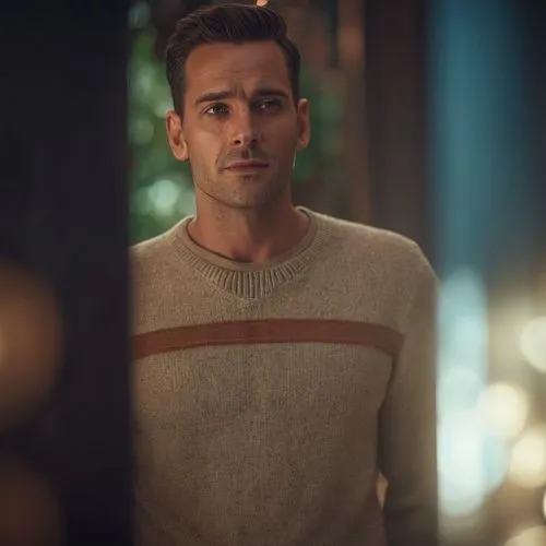 a man in a tan sweater stands looking at himself,knitwear,mcdorman,sweater,maglione,christmas sweater,turtleneck,Photography,General,Cinematic