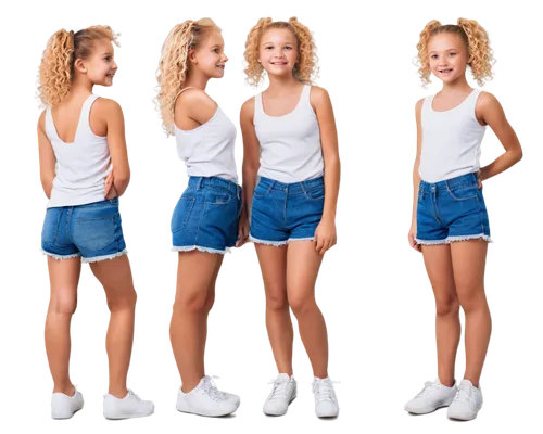 Comparison pictures, two girls, identical twins, same posture, different facial expressions, one smiling, one neutral, blue eyes, blonde hair, curly ponytails, white tank tops, denim shorts, sneakers,