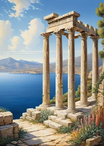 greek temple,temple of poseidon,hellas,erechtheion,hellenic,delphi,grecia,erechtheus,laodicea,corinth,ephesus,athenian,greece,herakleion,caesonia,acropolis,celsus,eleusinian,kythnos,artemis temple,Illustration,Retro,Retro 24