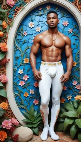 The scene is set in a lush garden, with vibrant flowers and herbs growing in the gentle breeze. A African chad Student top Model muscular adonis men with men perfect body and wearing white latex gloss