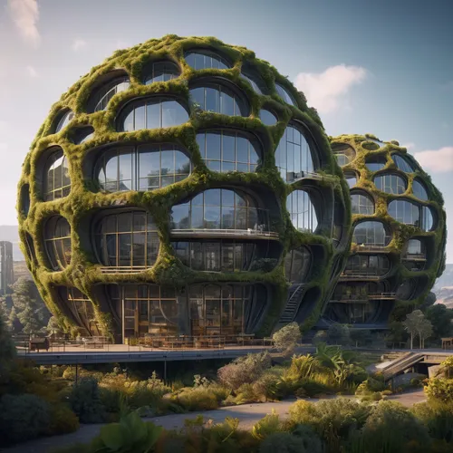 An architecture inspired by natural forms and organic structures. shapes of plant cells, blends with its surroundings. Use of biomimicry, sustainable materials, and energy-efficient systems.,eco hotel