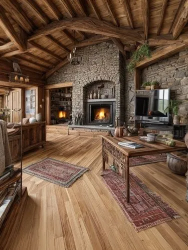 wooden floor,wood floor,wood flooring,wooden beams,hardwood floors,log home,rustic,wood stove,kitchen interior,home interior,tile kitchen,chalet,wood-burning stove,fire place,alpine style,stone floor,country cottage,big kitchen,country house,fireplace,Interior Design,Living room,Farmhouse,Andean Warmth
