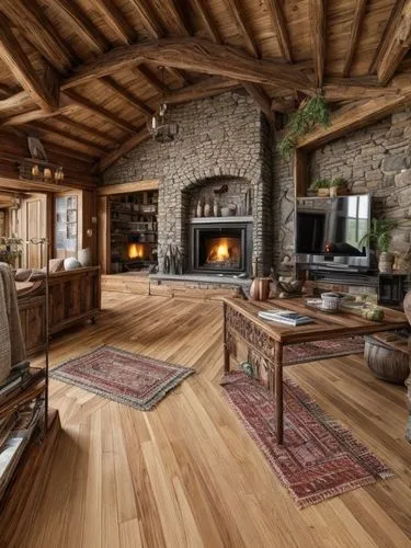 wooden floor,wood floor,wood flooring,wooden beams,hardwood floors,log home,rustic,wood stove,kitchen interior,home interior,tile kitchen,chalet,wood-burning stove,fire place,alpine style,stone floor,