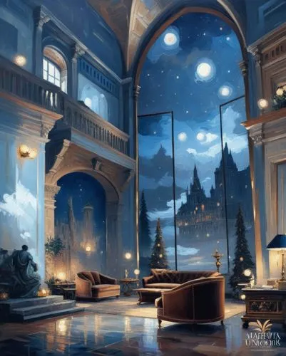 ravenclaw,hogwarts,fantasy landscape,fantasy picture,background design,night scene,diagon,mysterium,fantasy art,citadels,gringotts,world digital painting,snowglobes,lights serenade,winter night,theed,backgrounds,ramadan background,sci fiction illustration,evening atmosphere,Illustration,Realistic Fantasy,Realistic Fantasy 25