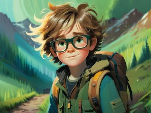 A young boy, around eight years old, with messy blonde hair and blue eyes, wearing glasses and dressed in hiking gear. His hair is tousled, giving him a carefree and adventurous look,a painting of a y