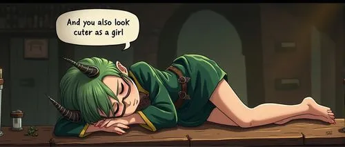 Draw in anime style: A nerdy, glasses-wearing, horned, barefoot, green-haired, evil druid girl,  wearing short dark-emerald robes, wearing Gothic jewelry, is laying down on a tavern bar. She is asleep