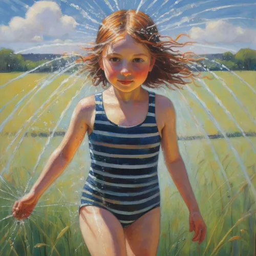 A playful girl in a striped swimsuit splashes around in a sprinkler under the scorching summer sun.,little girl in wind,girl lying on the grass,little girl running,straw field,girl in the garden,young