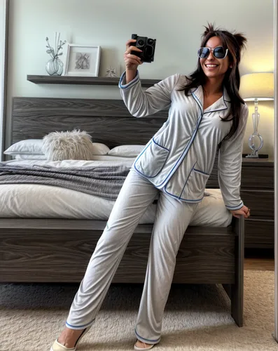 a woman in pajamas takes a selfie with her cell phone,onesie,pyjama,loungewear,woman holding a smartphone,pajamas,pyjamas