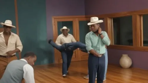 group of men in cowboy hats doing a dance,smeezingtons,rockapella,sharecroppers,brokeback,smooth criminal,nwa