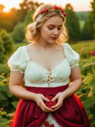 The picture shows a young woman standing in an idyllic natural setting, surrounded by green plants, presumably in a field or garden. The woman is wearing a traditional-looking dress with a white, lace