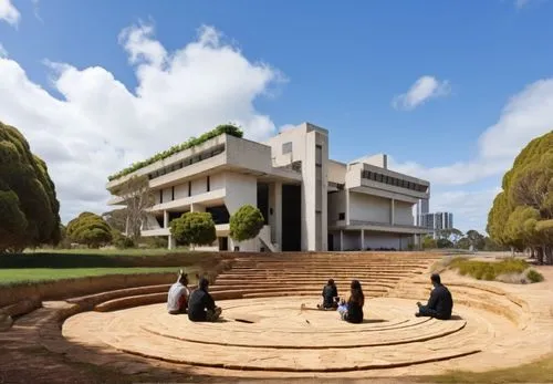 add in green grass and planting. kangaroos in field. ,five people sit in the middle of a circular garden area on a lawn with a huge building behind them,mahavihara,vidyalayam,viminacium,vipassana,3d r