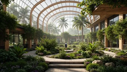 Lush botanical gardens, exotic plant species, curved glass roofs, steel framework structures, wooden lattice beams, natural ventilation systems, automatic irrigation networks, misting fog effects, war