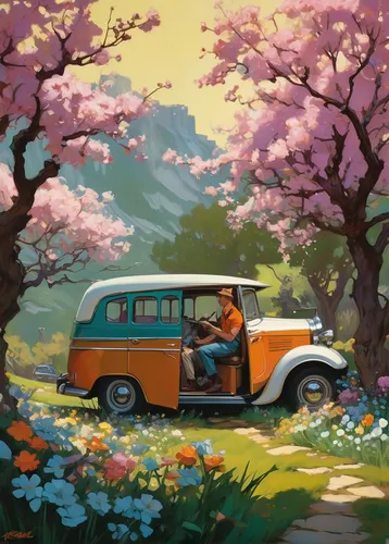 flower car,japanese sakura background,vwbus,sakura trees,vw bus,sakura tree,sakura background,springtime background,vw van,japanese floral background,sakura blossom,volkswagenbus,spring background,the cherry blossoms,vw camper,spring blossoms,campervan,springtime,spring blossom,sakura blossoms,Conceptual Art,Oil color,Oil Color 04