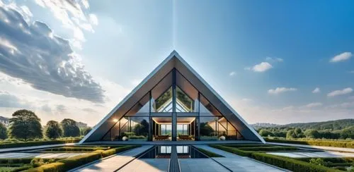 a triangular shaped structure sitting in the middle of a field,modern architecture,futuristic architecture,snohetta,glass pyramid,cubic house,modern house,Photography,General,Realistic