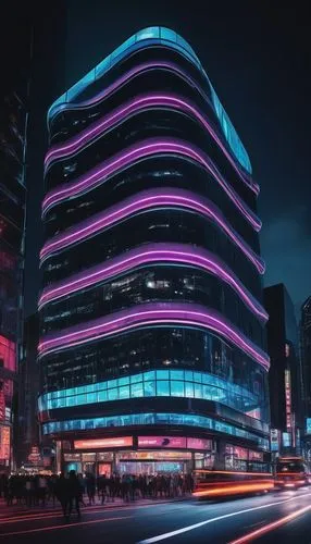 Futuristic urban building, sleek metallic exterior, neon lights illuminating the dark sky, skyscraper with unique curved structure, reflective glass windows, modern LED signage, intricate steel beams,