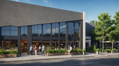 a double height 1 story shops with sidewalk and vegetation ,palo alto,multistoreyed,renderings,rfq,shopping center,orenco,zwilling,enernoc,cupertino,leaseplan,macerich,healdsburg,lofts,brewpub,richemo