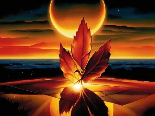 a painting of a leaf on a reflecting surface,flame flower,fire flower,flower in sunset,fire heart,fire planet,hildebrandt,Illustration,Realistic Fantasy,Realistic Fantasy 25