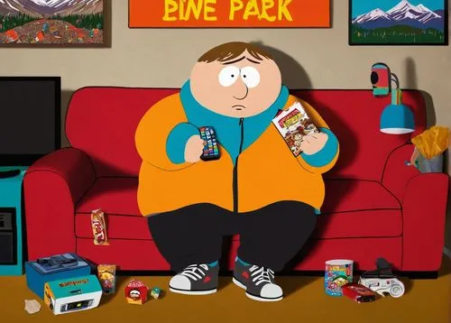 Cartman, overweight, blonde hair, messy eyebrows, blue shirt, orange jacket, black pants, sneakers, sitting on couch, TV remote in hand, junk food scattered around, messy room, South Park sign, Colora