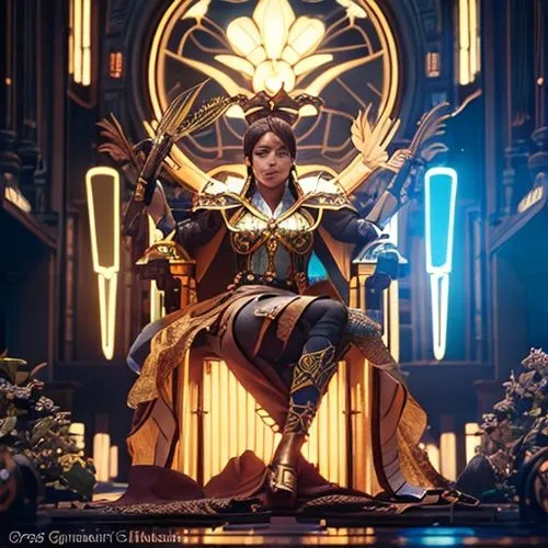 symetra,the throne,queen cage,lakshmi,throne,emperor,queen crown,regal,goddess of justice,cosplay image,mulan,garuda,artemisia,valerian,athena,el dorado,paysandisia archon,golden crown,asian costume,c