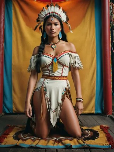 Beautiful, ultra-realistic colour photo of the chief's daughter Pocahontas from a fairground show, with deerskin dress.,a native american woman posing for a picture,pocahontas,amerindian,indigenous cu