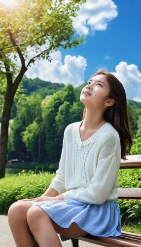 relaxed young girl,suzuko,girl lying on the grass,landscape background,background view nature,nature background,girl sitting,ninagawa,akimoto,ayami,kikkawa,nodame,park bench,girl in a long,airi,idyll,tomomi,takiko,woman sitting,mizuhara,Photography,General,Realistic