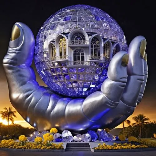 Giant stone hand holding spherical crystal house, metal base behind, circles of yellow and white flowers around it.,Statue of a hand holding up a crystal ball,dubai miracle garden,christmas globe,larg