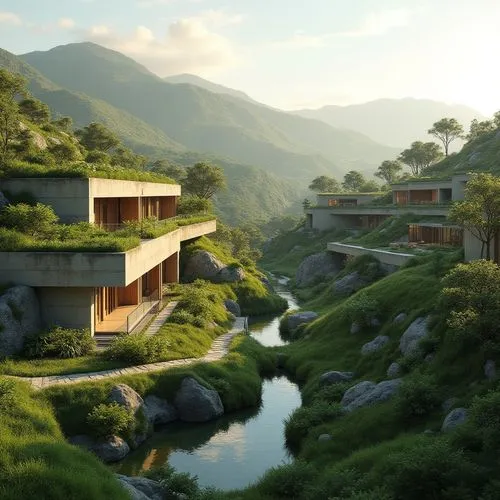 house in mountains,house in the mountains,fallingwater,amanresorts,roof landscape,asian architecture,building valley,grass roof,tulou,3d rendering,ecotopia,home landscape,landscaped,green valley,futuristic landscape,render,rice terrace,terraces,teahouses,hushan,Photography,General,Realistic