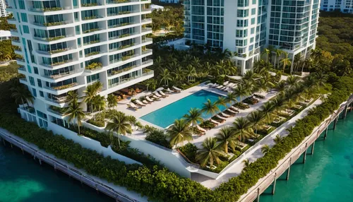 Aerial view of luxury residential high-rise urban design in Miami, Florida. Emphasize features like contemporary design, ample public spaces, abstract wood seating, white concrete accents, palm trees,