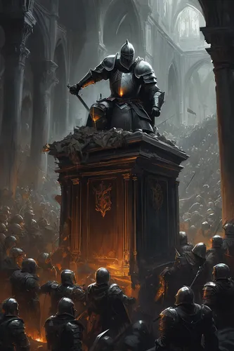 knight pulpit,hall of the fallen,sepulchre,the throne,the fallen,throne,pantheon,crusader,unknown soldier,cauldron,crucible,game illustration,templar,heroic fantasy,massively multiplayer online role-playing game,haunted cathedral,pall-bearer,organist,vigil,pilgrimage,Conceptual Art,Fantasy,Fantasy 12