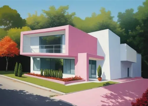 DISEÑO EXTERIOR DE UNA CASA ESTILO MINIMALISTA UBICADA EN UNA ESQUINA, USANDO EL COLOR ROSA MEXICANO COMO COLOR DE CONTRASTE CON LOS MUROS BLANCOS, UBICADA EN UN FRACCIONAMIENTO RESIDENCIAL, CALLES DE