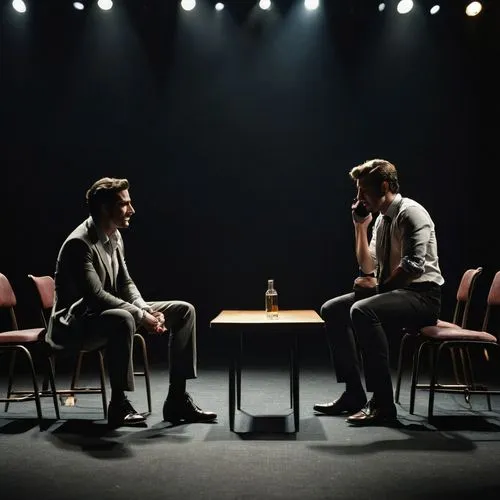 men sitting,scenography,interrogation,interrogation mark,theater of war,dramaturgy,scene lighting,partial act,actors,comedy and tragedy,interrogation point,acting,english draughts,cia teatral,businessmen,chess men,stage directions,tragedy comedy,theatre,monologue