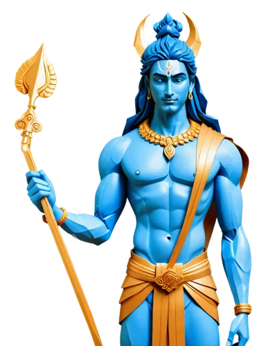 Lord Shiva, Indian god, blue skin, muscular body, serpent around neck, third eye on forehead, dreadlocks, golden jewelry, holding trident, standing in lotus position, majestic background, warm lightin