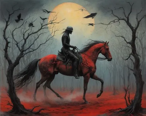 horseman,black horse,murder of crows,man and horses,horseback,bronze horseman,dance of death,horse-heal,black crow,blood hound,dark art,scythe,crows,horsemen,black raven,horse herder,blood moon,fantasy picture,king of the ravens,riderless,Conceptual Art,Oil color,Oil Color 10