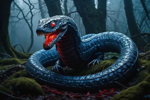 Giant dr-worm, fantasy creature, worm-like body, scaly texture, shimmering silver blue skin, glowing red eyes, sharp teeth, powerful muscles, curled up posture, ancient tree roots, misty forest floor,