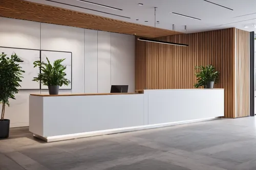 Redesign a corporate entrance white and wooden walls biophilic design with a reception to the right and waiting area chairs to the left wall,modern office,blur office background,assay office,offices,c