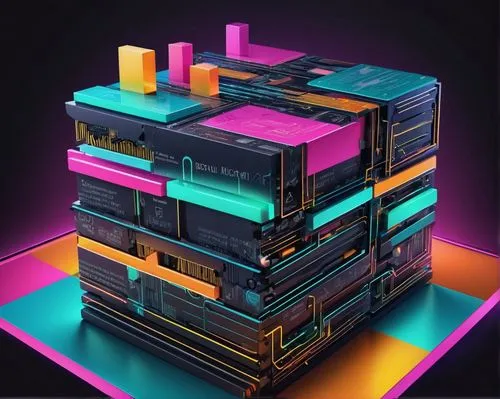 Linux storage stack diagram, technical illustration, colorful blocks, arrows, and lines, 3D abstract background, futuristic neon glow, computer science concept, complex system architecture, detailed l