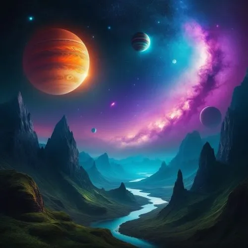 Imagine a fantastical universe where multiple planets of varying sizes and colors float in space. Each planet has its own unique features, such as glowing rings, mysterious landscapes, and vibrant atm