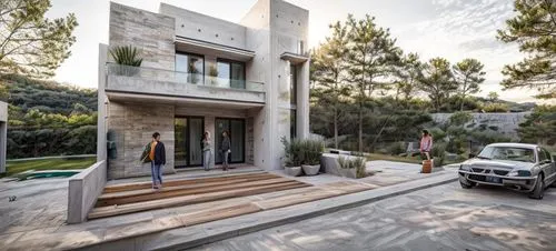 DISEÑO EXTERIOR DE UNA RESIDENCIA  ESTILO MINIMALISTA, CON MUROS CON CANTERA GRIS, EN COMBINACION CON MUROS DE COLOR BLANCO Y GRIS,VENTANAS DE ALUMNIO CON CRSITAL, PLANO CINEMATOGRAFICO, CORRECCION DE