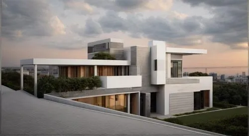 Create a modern architecture, clean lines, colors in a combination of white and dark gray, yellow color interior lighting, a natural view on the rift of the sunset,modern architecture,modern house,cub