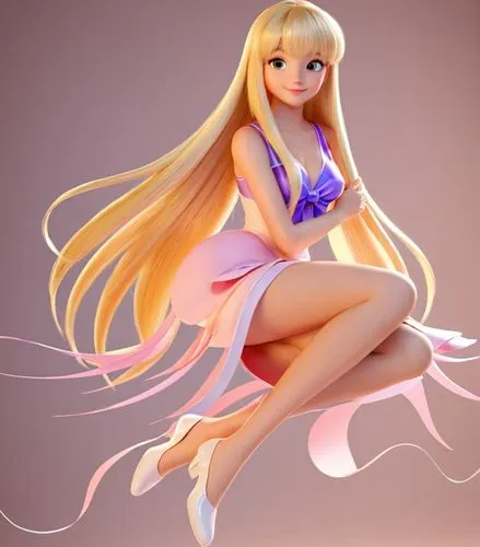 a doll wearing bikini and purple sitting down,chobits,rapunzel,pacifica,3d figure,winx,barbie doll,Unique,3D,3D Character