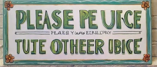 Design a friendly sign that says 'Please Use Other Entrance' at a cheerful art gallery.,tin sign,enamel sign,vintage farmer's market sign,bicycle sign,purée,wooden sign,door sign,unless otherwise,a no