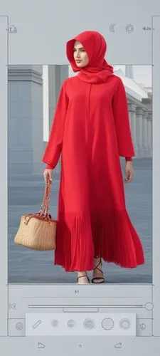 3d fashion drawing of women red dress fashion Muslim hijab with the pelisee and pleats on the end of dress with red dress with bottoms by 4k,a woman in red is walking in the street,little red riding h