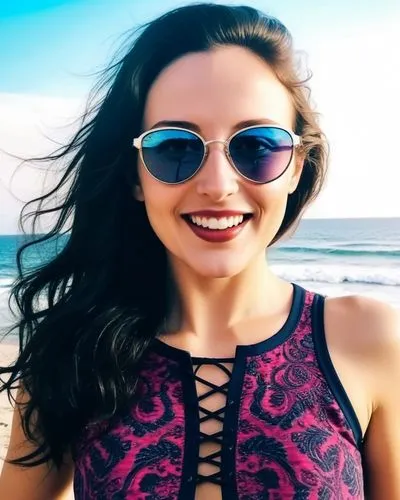 a beautiful woman in a blue bathing suit standing on the beach,beach background,becca,sunglasses,sonrisa,roni,saana