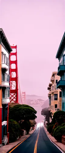 San Francisco cityscape, light tone, morning fog, Golden Gate Bridge, Alcatraz Island, steep hills, colorful Victorian houses, narrow streets, foggy atmosphere, soft sunlight, cinematic lighting, 3/4 