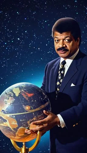 Neil deGrasse Tyson, astrophysicist, scientist, middle-aged man, short Afro hair, mustache, glasses, suit and tie, holding a globe, standing in front of a large telescope, observatory setting, night s