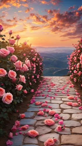 way of the roses,landscape rose,flower background,flower wall en,blooming field,flower painting,romantic rose,landscape background,pathway,flower field,blooming roses,pink dawn,pink roses,everlasting flowers,splendor of flowers,field of flowers,rose pink colors,sky rose,roses daisies,flower in sunset,Photography,General,Commercial