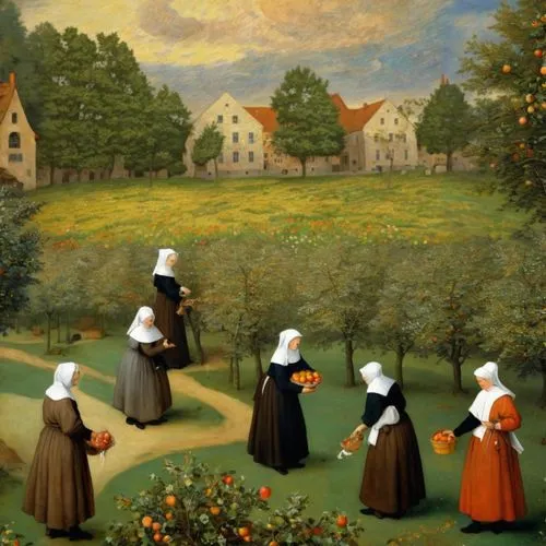 (view from above as in the paintings of Pieter Bruegel, small figures of Catholic nuns in Breton bonnets and kerchiefs, light brown robes and dark brown dresses are picking apples from the trees, next