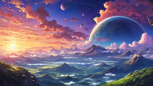 fantasy landscape,futuristic landscape,alien planet,terraforming,alien world,fantasy picture,landscape background,mountain world,mushroom landscape,planet,mountain sunrise,lunar landscape,planet alien sky,mountainous landscape,3d fantasy,hot-air-balloon-valley-sky,high landscape,earth rise,fantasy world,mountain landscape,Photography,General,Natural